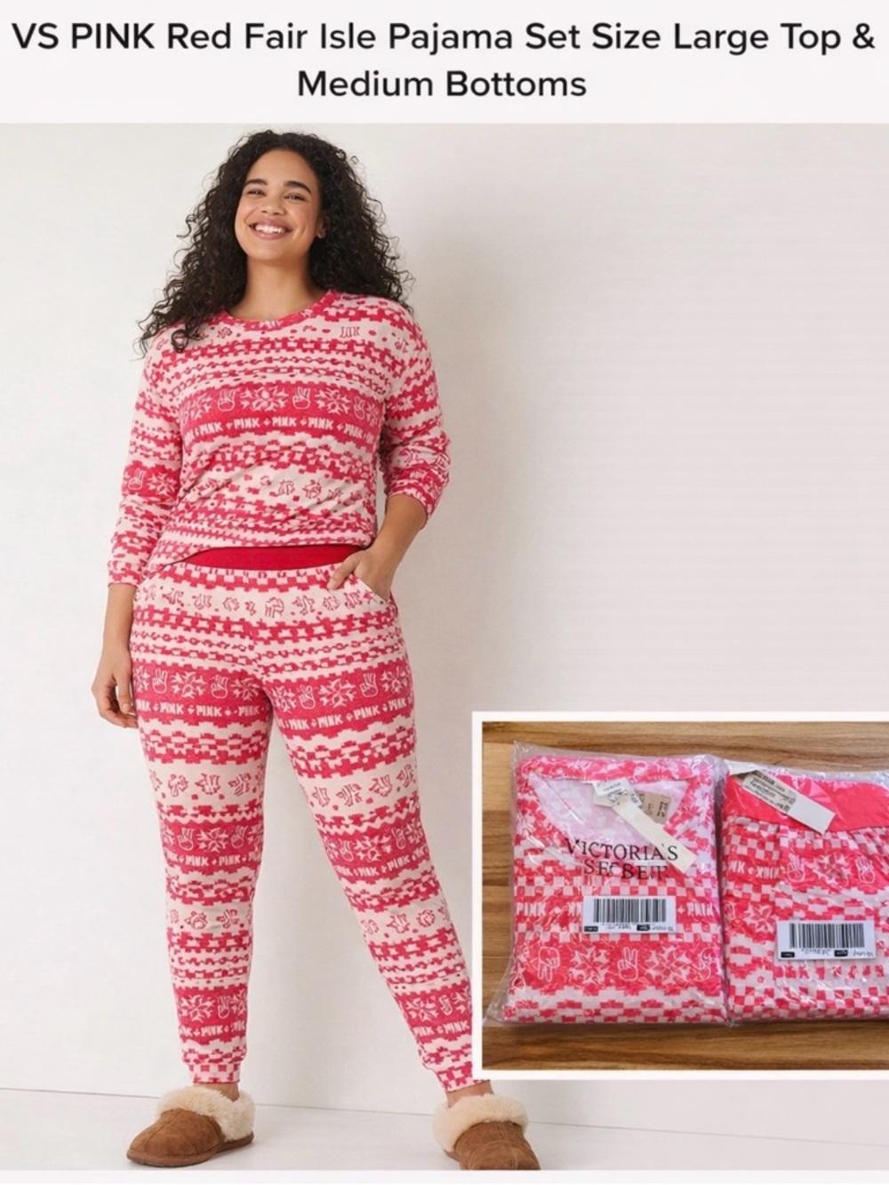 Set PINK Victoria’s Sec NWT Cozy Fair Isle Pajama Set Large Top Medium Pants HTF